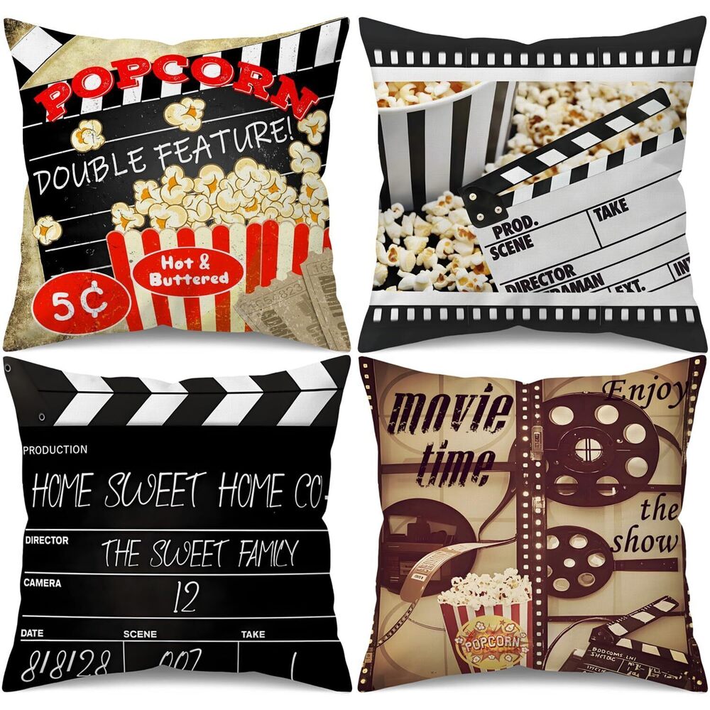 6350 18x18 Inch Movie Theater Throw Pillow Covers Set of 4 Vintage Cinema